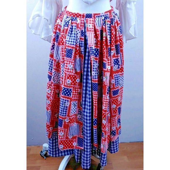 Patchwork Skirt Set Ruffle Sleeve Crop Top Maxi Skirt Red‎ Blue White - Picture 3 of 6